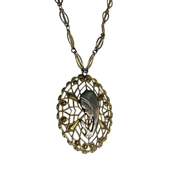 Goldtone Virgin Mary Madonna Pendant Filigree 24 Inch Necklace - Picture 3 of 7